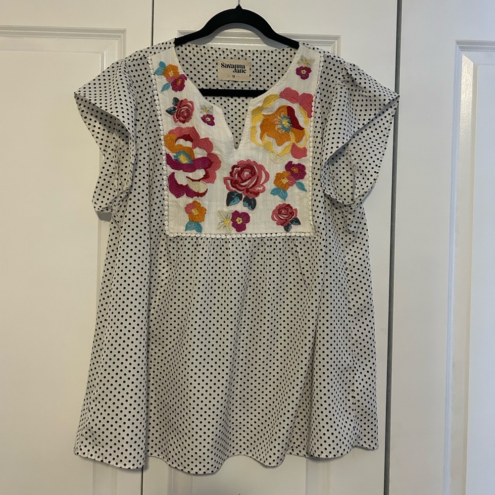 Women's Polka Dot Floral Embroidered Top